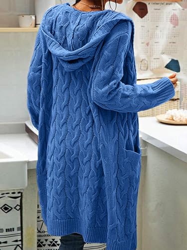 Image of Bwogeeya Women Hooded Long Cardigan Cable Knit Open Front Sweaters Solid Color Chunky Sweater Coats