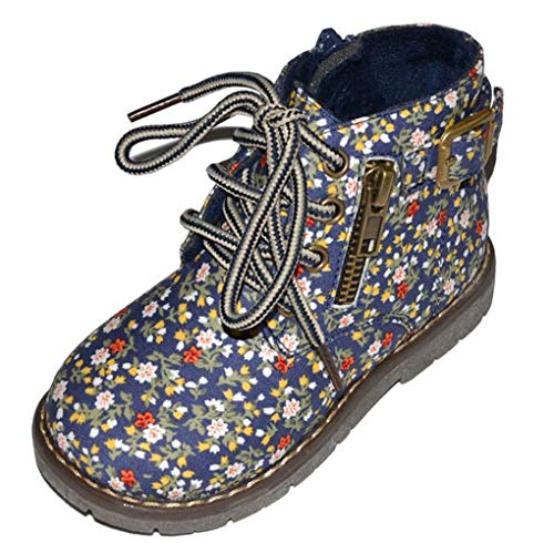 Toddler Boys Girls Genuine Leather Fur Lined Floral Print Side Zipper Lace-Up Winter Ankle Boots