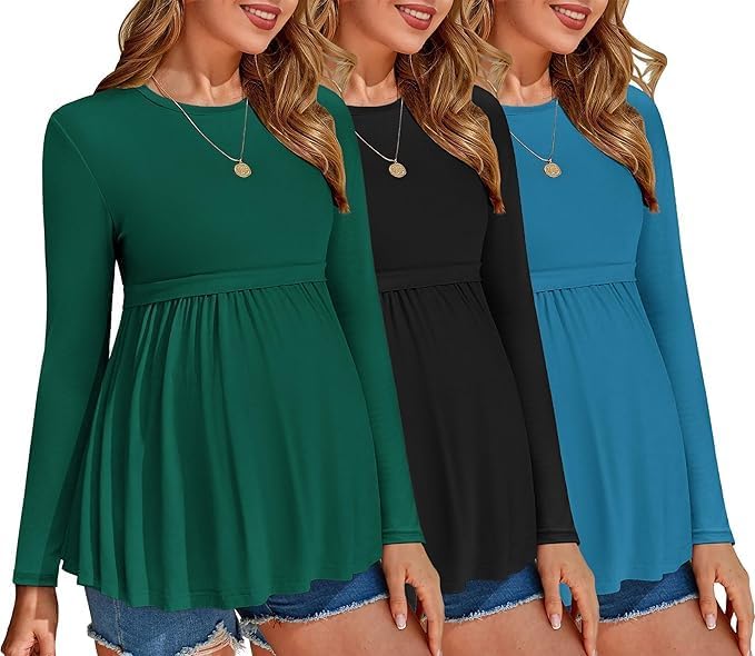 ELESOL Maternity Shirts 3 Packs Pleated Long Sleeve Tops Tunic Casual Pregnancy Clothes