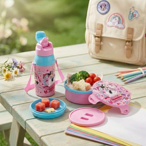 Image of CELLO Kidzbee Star Gift Set Combo for School Kids, Light Pink | 3D Touch & Feel Minnie Design Airtight Clip Lock Insulated Lunch Box 390ml with Leak Proof Flip Top Sipper Water Bottle for Kids Boys