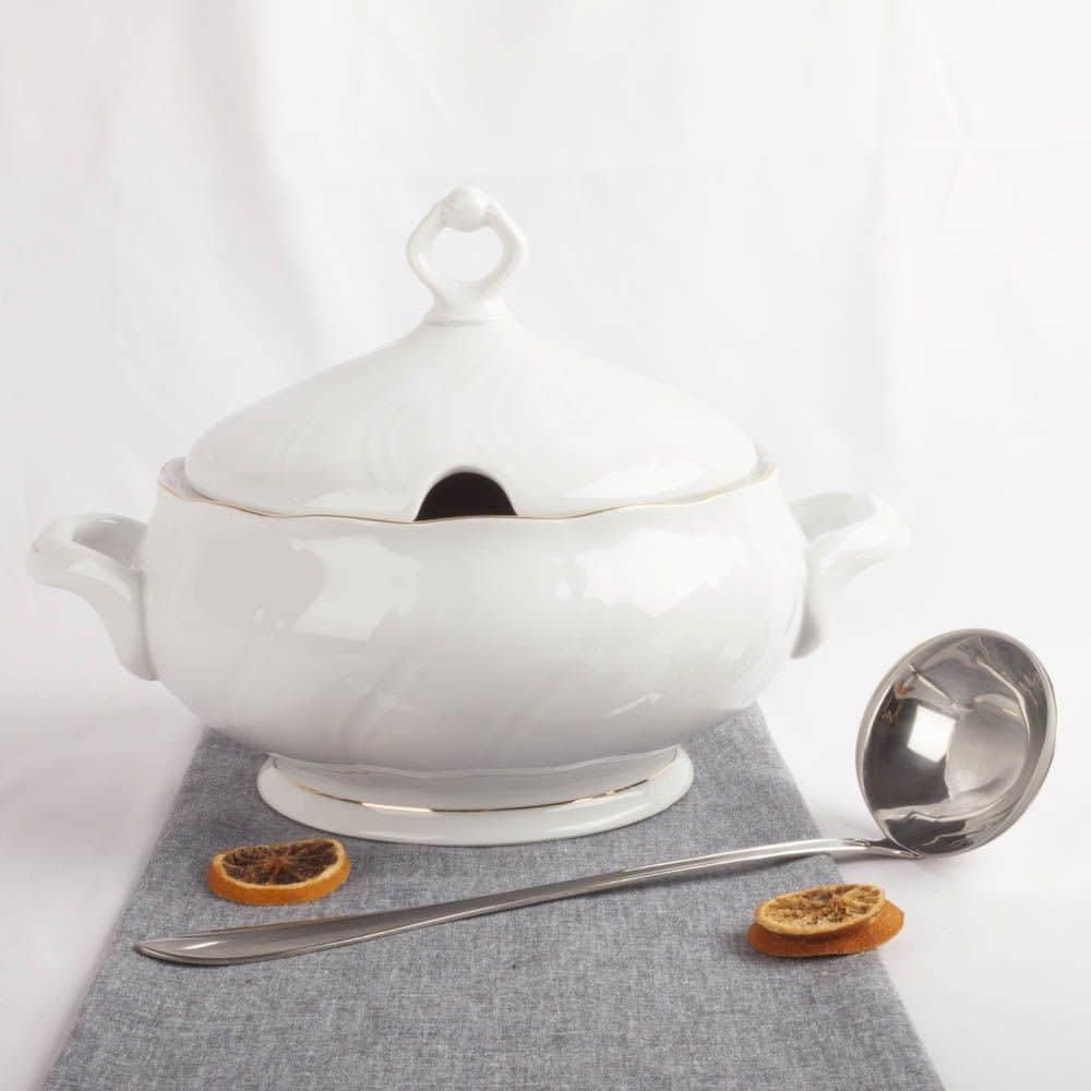 Franquihogar - Lubeck, Zuppiera in porcellana con coperchio, per zuppe, classica, con filo oro e decorazione, 1 l