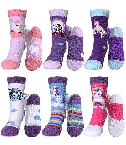 LINEMIN Kids Fuzzy Socks Boys Girls with Grips Non Slip Slipper Socks Cozy Fluffy Winter Warm Crew Socks 6 Pairs (Unicorn 8-12 Years)