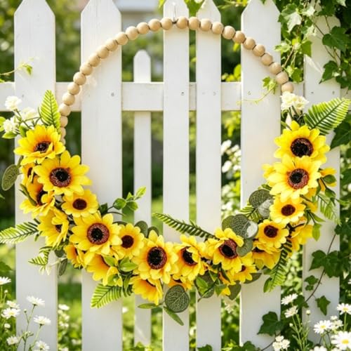 Corona de girasol y eucalipto texturizado con letrero de madera artesanal 7