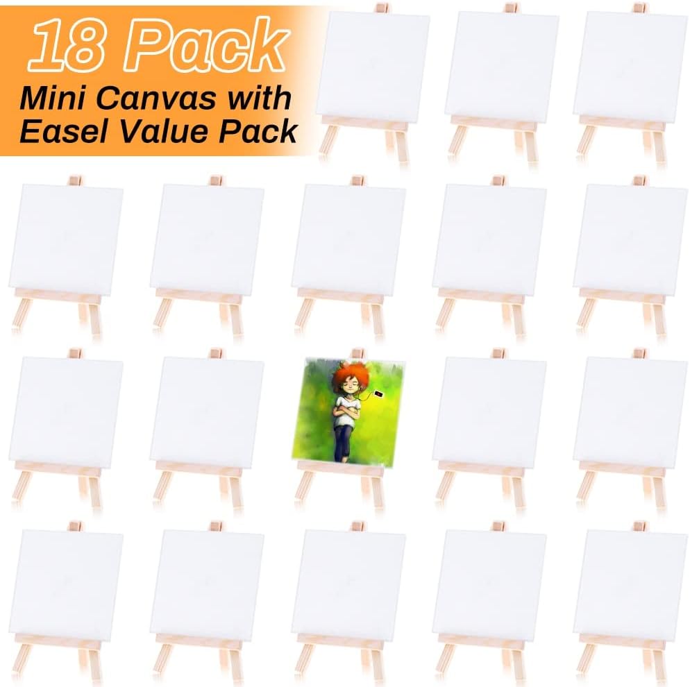 Mini Canvas for Painting with Easel, Cridoz 18 Pack 3”x3” Thin Painting Canvas Panel with Small Wooden Easel Set for Kids Painting Party, Acrylic Pouring Oil Water Color