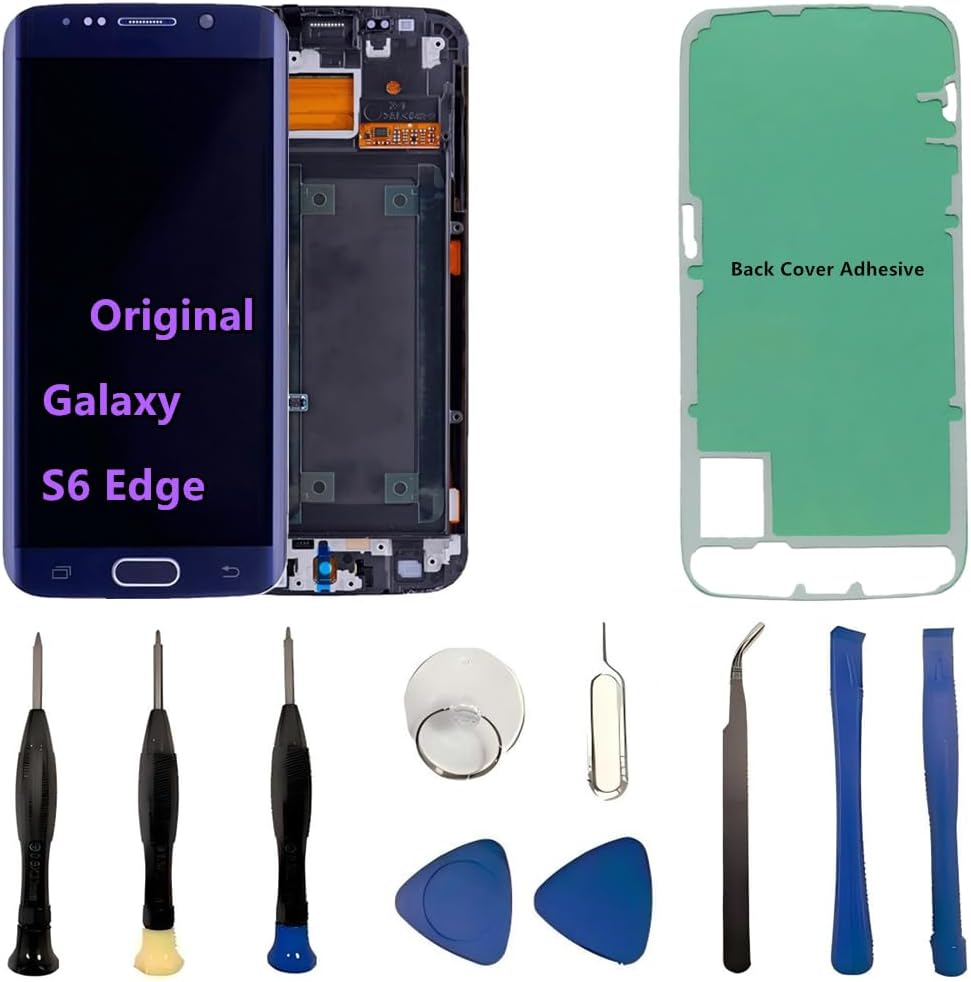 Original 5.1" AMOLED Display for Samsung Galaxy S6 Edge Screen Replacement OEM S6 Edge SM-G925A SM-G925P Display Touch Screen Digitizer Assembly. (with Blue Frame+Back Cover Adhesive+Tools)