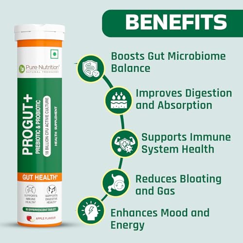 Image of Pure Nutrition Progut+, 15 Effervescent Tablets - 18 Billion CFU | Prebiotic & Probiotic Supplement for Gut Health, Digestion & Immunity | Relief from Acidity, Bloating & Heartburn - Apple Flavour