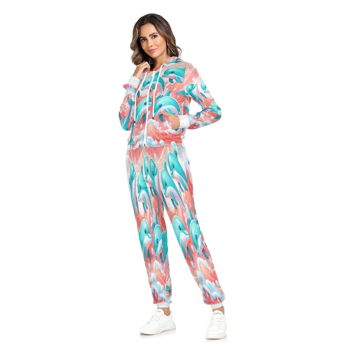 Conjunto deportivo de 2 piezas para mujer, diseño de delfín, color turquesa y blanco, de manga larga, con estampado de delfines oceánicos