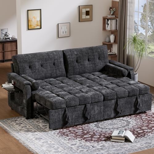 Trygoal 86'' Sleeper Sofa Bed with Side Table & Adjustable Backrest, Black | Convertible Sleeper Sofa Bed, 86 Inch Pull out Couch with Side Table & Adjustable Backrest, Chenille Fabric