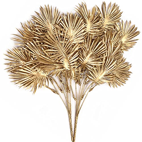 Artificial Golden Plants Decoration, Fake Boston Bundles Plant Plastic Monstera Faux Leaves Stems Tropical Palm Shrubs for Indoor Outdoor Home Party Christmas Wedding Xmas Decor - Gold 2 Pack