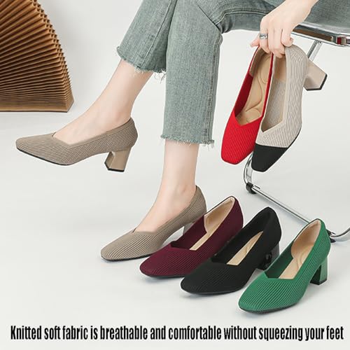Women's Knit Square Toe Chunky Heel Dress Pump Mesh Breathable Slip On Mid Block Heel Formal Business Office Shoes Daily Non-Slip Soft Casual Shoes2