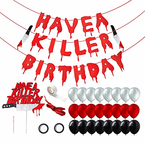 SINBLUE Geburtstagsparty Deko Kuchen Deko Set, Halloween Party Dekoration, 1 Cake Topper, 24 Luftballons (Rot,Schwarz,Silber) * 8, 1 Birthday Banner Rot für Geburtstagsparty & Halloween Party Deko Cover