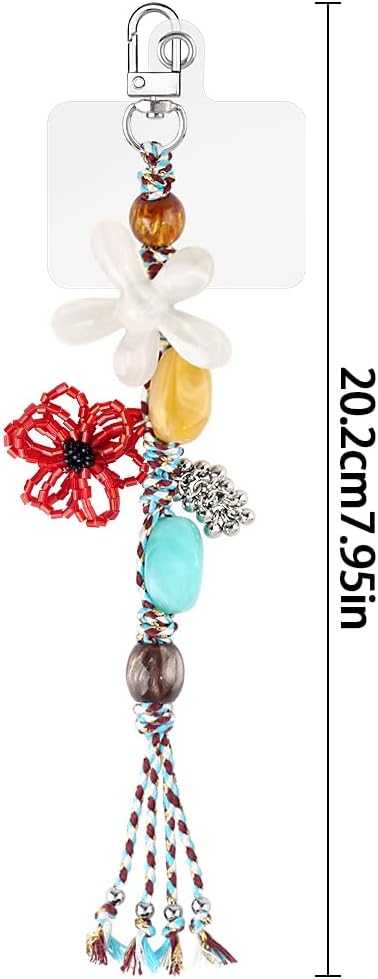 Multi Element Beige Flower Pendant Keychain Cute Handmade Braided Rope Stones Beads Flowers Decorative Bag Charms Purse Charms Lanyard Strap Floral Phone Charm Car Key Chain Women Keychain Accessories - Image 2