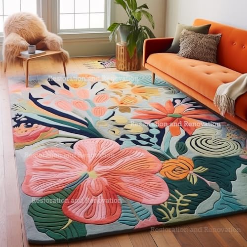 Image of Restoration and Renovation Handmade Wool Floral Area Rug for Living Room | Elegant Flower Garden Design, Soft, Thick and Durable | Bedroom, Dining Room & Home Decor Carpet (4' x 6', Floral D)