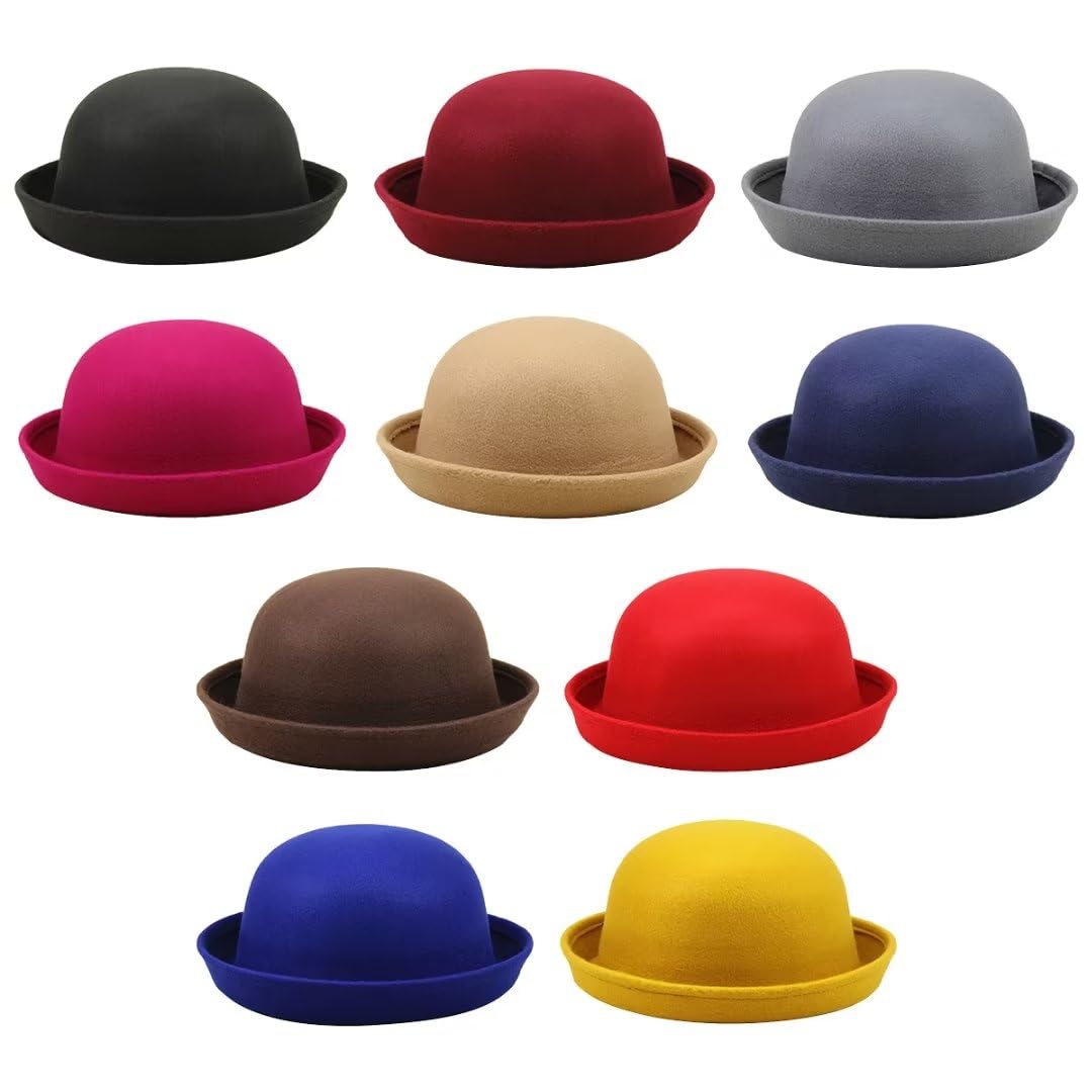 Chapeaux De Derby Ronds pour Enfants, Filles Et Garçons, Chapeau Seau Panama à Bord Retroussé, Feutre De Laine, Chapeaux Melon Ronds élégants, Tour De Tête 54cm