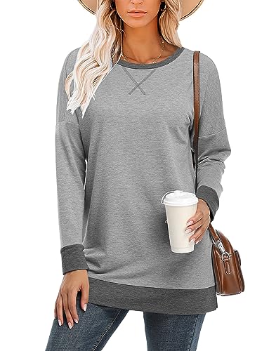 BETTE BOUTIK Women's Drop Long Sleeve Sweatshirts Casual Crewneck Tunic Tops Sweartshirts With Side Slits S-3XL