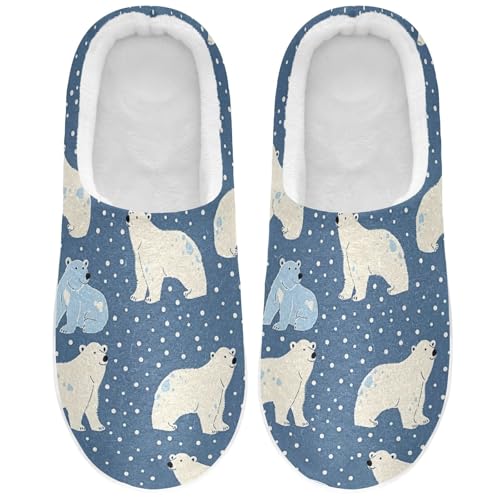 JUNZAN Cartoon Polar Bear Stars Blue Cotton Slippers for Men Washable Memory Foam Indoor Slippers for Hotel Birthday Presents 6-7