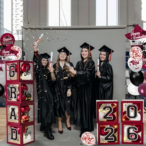 Image of Maroon Themed 2026 Graduation Decorations Set - Balloons Boxes with Letters 2026 GRAD So Proud of You - Complete Party Supplies for High School & College Celebrations