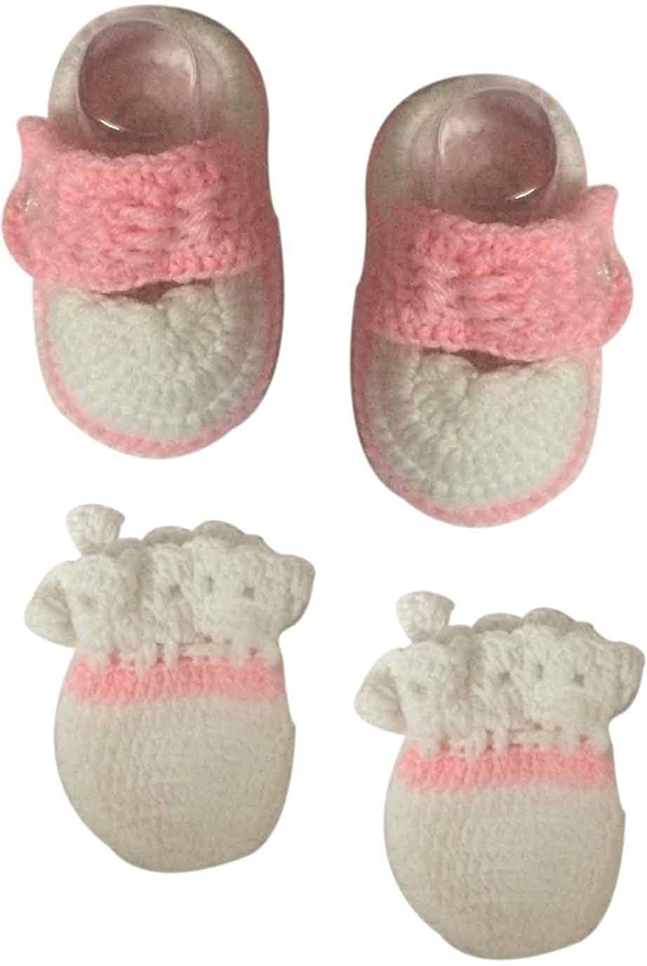 Hand Made Woolen Booties & Mitten Set for New Born Baby, Color White & Pink-image-44