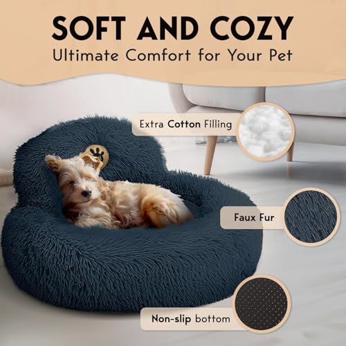 PetJett Calming Small Dog Bed - 23'' Round Dog Beds, Anti-Slip & Washable Puppy Bed - Super Soft Fluffy Plush Faux Fur Pet Bed, Anti-Anxiety Premium Comfort Donut Bed, Fits Dogs upto 25 lbs, Dark Gray - Image 4