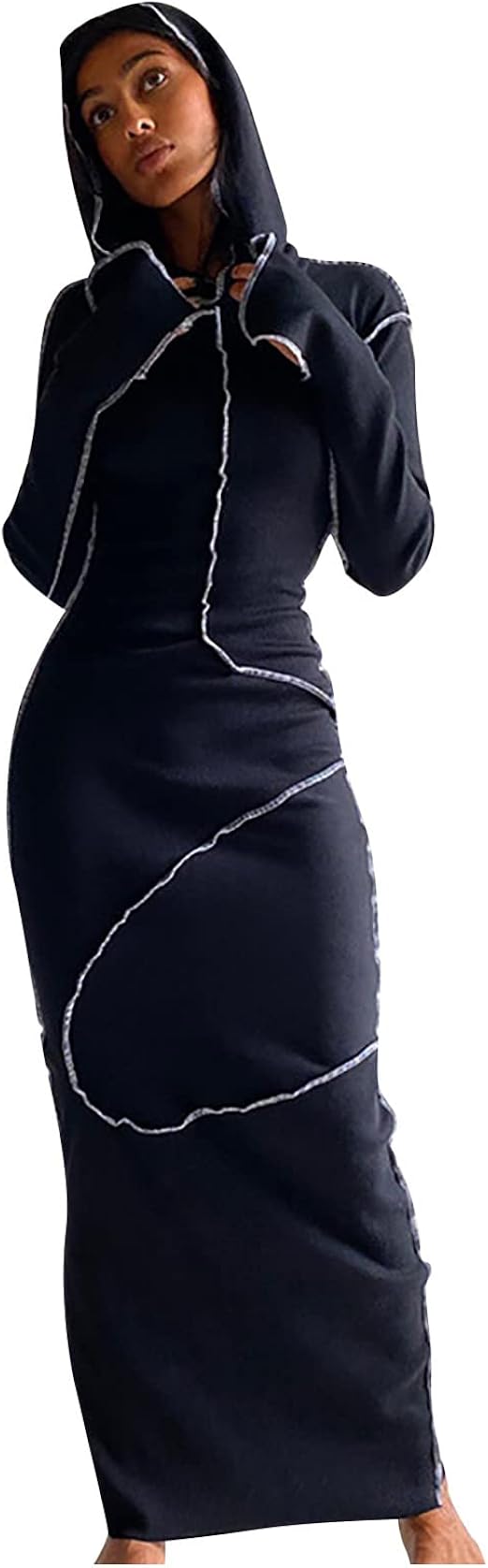 Womens Hoodie Dress Fashion Sexy Wrap Long Sleeve Maxi Dress Solid Hooded Long Dress Tight Cocktail Party Club Dress