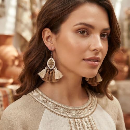 Image of Young & Forever Gift Boho Carnival Sea Island Long Tassel Earrings Handmade Beaded Bohemian Women Statement Beads Dangle Earrings Ethnic Jewelry Fringe Earrings