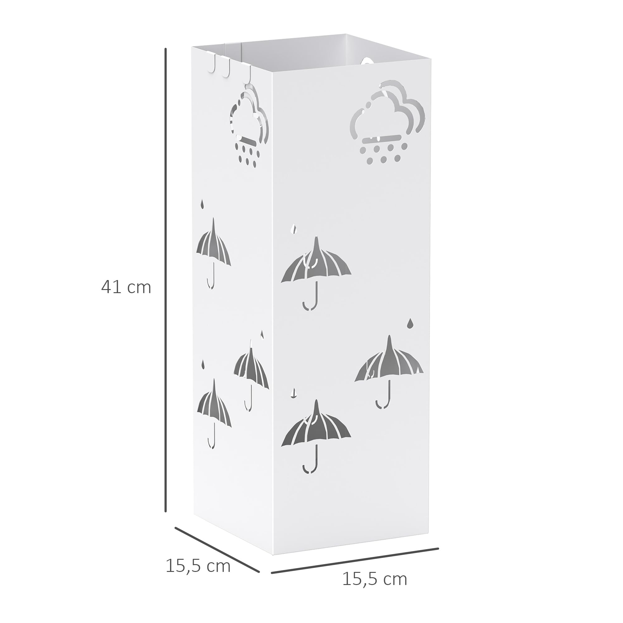 HOMCOM Paragüero de Acero Soporte Paraguas 4 Ganchos Bandeja Goteo Extraíble Blanco Entrada Oficina 15,5x15,5x41 cm