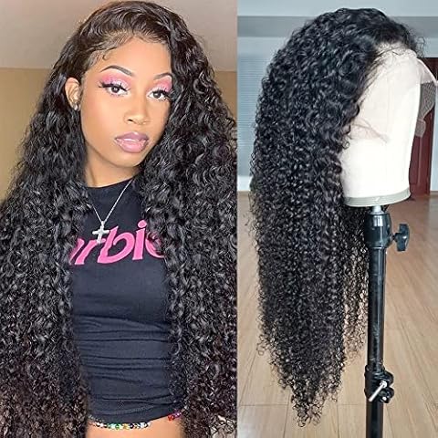 EMOL Hair Long Curly Lace Front Wigs Human Hair Pre Plucked With Baby Hair 180% Density 13x4 Brazilian Virgin Hair Kinky Curly Wigs for Black Women 24 inch Swiss Lace Wigs Natural Black Color Cover