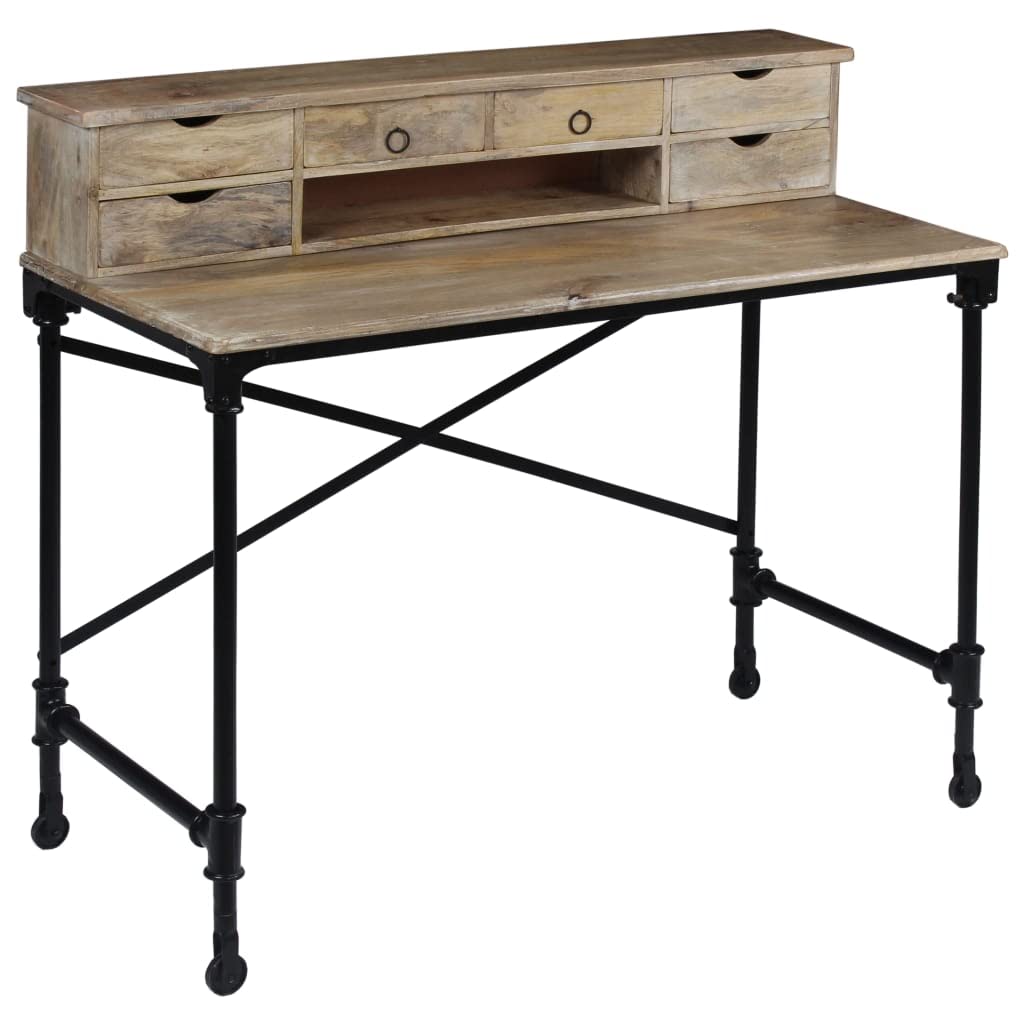 Scrivania in legno di mango massiccio con telaio in acciaio, 110 x 50 x 96 cm, 6 cassetti e ripiano, scrivania da ufficio per studio, laptop, PC, giochi e organizer
