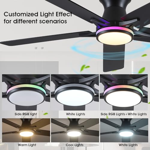 Image of 52 inch RGB Ceiling Fans with Lights and Remote /APP,Black Low Profile Ceiling Fans,Modern Flush Mount Ceiling Fans for Bedroom Kids Room