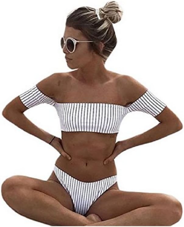 InGamour Off-The-Shoulder Striped Bikini Swimsuit with Padded