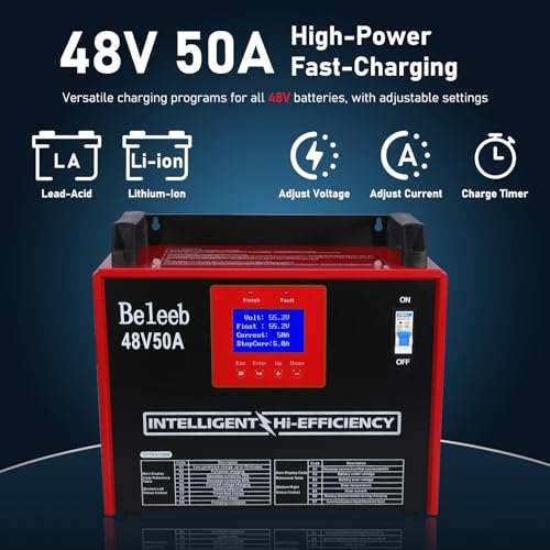 Image of 48V 50A Adjustable Battery Charger, Intelligent Charger for Lead-Acid & LiFePO4 Lithium Batteries, 240V AC Hardwired Charger for Forklifts, Golf Carts, Sightseeing Cars, Energy Storage Systems