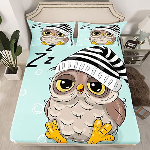Manfei Owl Sherpa Fitted Sheet Full,Sleeping Sign Bedding Set 3Pcs For Kids Teens Girls Room Decor,Contemporary Style Bed Cover Light Green Bed Sheet Set With 2 Pillowcases #TOP26