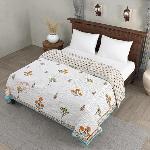Jaipuri Double Bed Cotton Malmal Quilt | Hand Block Print Reversible Razai | Soft Lightweight AC Blanket | Floral Design & Skin-Friendly Bedding (Pattern 18, Double Bed – 90 X 105 Inch) (Pattern 12)