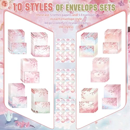 Image of TaoBary 160 Pcs Cherry Blossom Stationery Paper and Envelopes Set