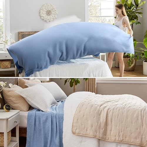 Image of Bedsure 100% Cotton Blanket, Herringbone Weave, Queen Size, Ashley Blue