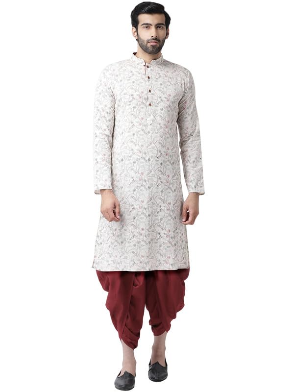 Kisah Men's Kurta Dhoti Set, Multi Cotton Blend, Block Print Mandarin Collar Regular Fit Long Sleeves (42)