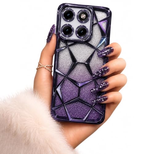 Image of VONZEE Gradient Glitter Case for Moto Edge 70 Fusion, Luxury Electroplated 3D Cube, Diamond Bling Shiny Soft TPU Clear Shockproof Women Girls Protective Phone Cover (Deep-p)