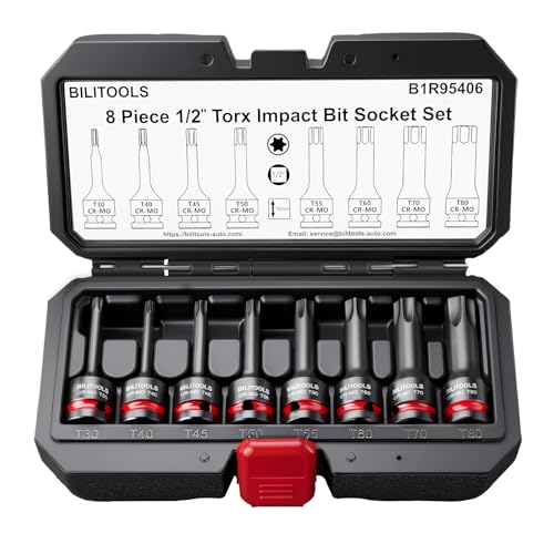 BILITOOLS 8-tlg. 1/2 Torx Kraft Schlag-Bit-Steckschlüssel-Satz (T30-T80) einteilige Cr-Mo Stahl Bit-Stecknüsse Steckschlüsseleinsätze Werkzeug KFZ