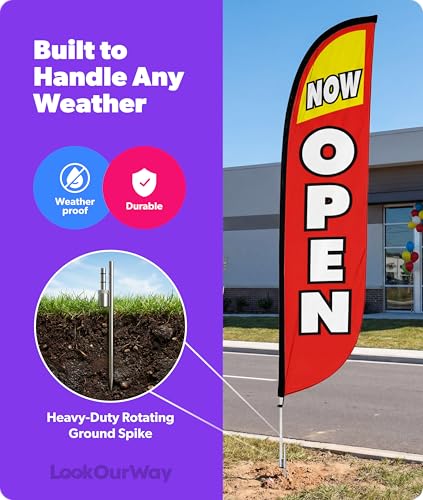 Image of LookOurWay Feather Flag Pole Kit - 12 Feet Tall Advertising Flag Banner with Fiberglass Pole Kit and Ground Spike for Business Promotion - Grand Opening Flags - Now Open Red & Yellow (10M1200030)