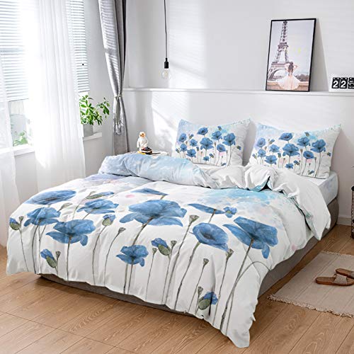 4 Piece Full Watercolor Blue Poppy Flower Breathable Comforter Covers Ultra Soft Bed Sheet With Decoretive 2 Pillow Shams Bedding Collection Sets Gradient Color Polka Dots #TOP11