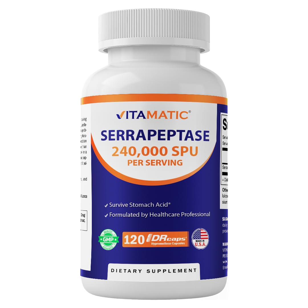 Vitamatic Serrapeptase 240,000 SPU Servings, 120 Delayed Released Capsules - Enteric Coated - Non-GMO- Made in The USA (120 Count (Pack of 1))