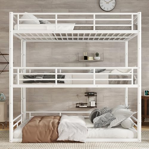 Image of Full Over Full Over Full Bunk Bed with Safety Guardrails, Modern Metal Triple Bed Frame for Kids, No Box Spring Required, White