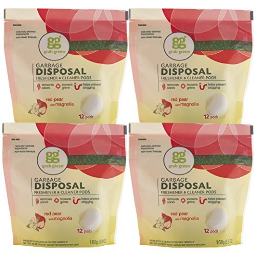 Grab Green Natural Garbage Disposal Cleaner and Freshener, Red Pear with Magnolia, 12 Pods (Pack of 4)