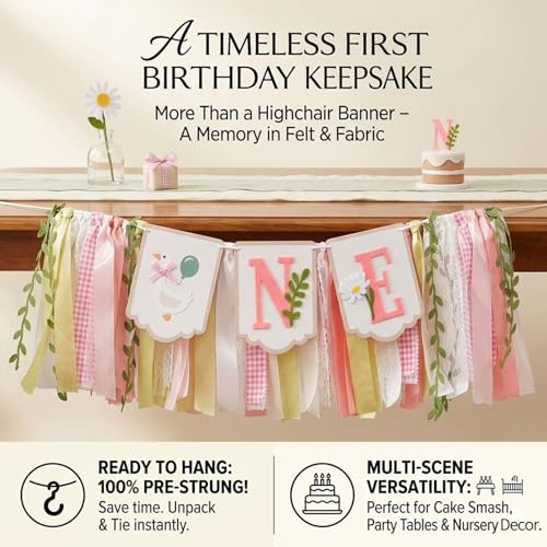 Image of Pre - stung Silly Goose High Chair Banner for Girls1st Birthday - Pink & Gold Baby Girl Cake Smash Cake Smash Props, Premium First Birthday ONE Banner Party Decoration