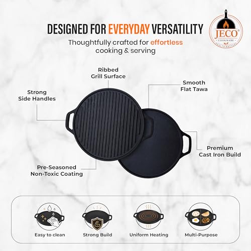 Image of Cast Iron 2-in-1 Dosa Tawa | Pre-Seasoned Non-Stick Iron Grill Tawa | Heavy Duty Non-Toxic Cookware | Even Heat Distribution | Gas Stove & Induction Compatible, Black, 30cm, 2.8kg
