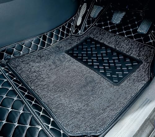 Image of NCEHEAL 7D Compatible with Volkswagen Virtus Custom Fitted Faux Leather 7D Antiskid Car Floor Mats - Black with Silver Thread