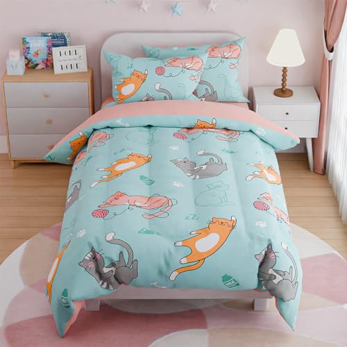 SANDJEST Cat Comforter Set Twin for Girls, Ultra Soft
