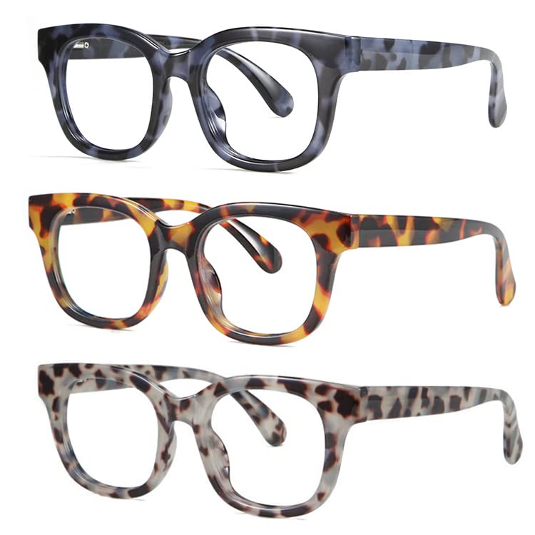 Image of 3Pack Oversized Oprah Style Reading Glasses For Women Men Spring Hinges Round Blue Light Blocking Computer Readers (blue /leopard /gray, 1.75, multiplier x)