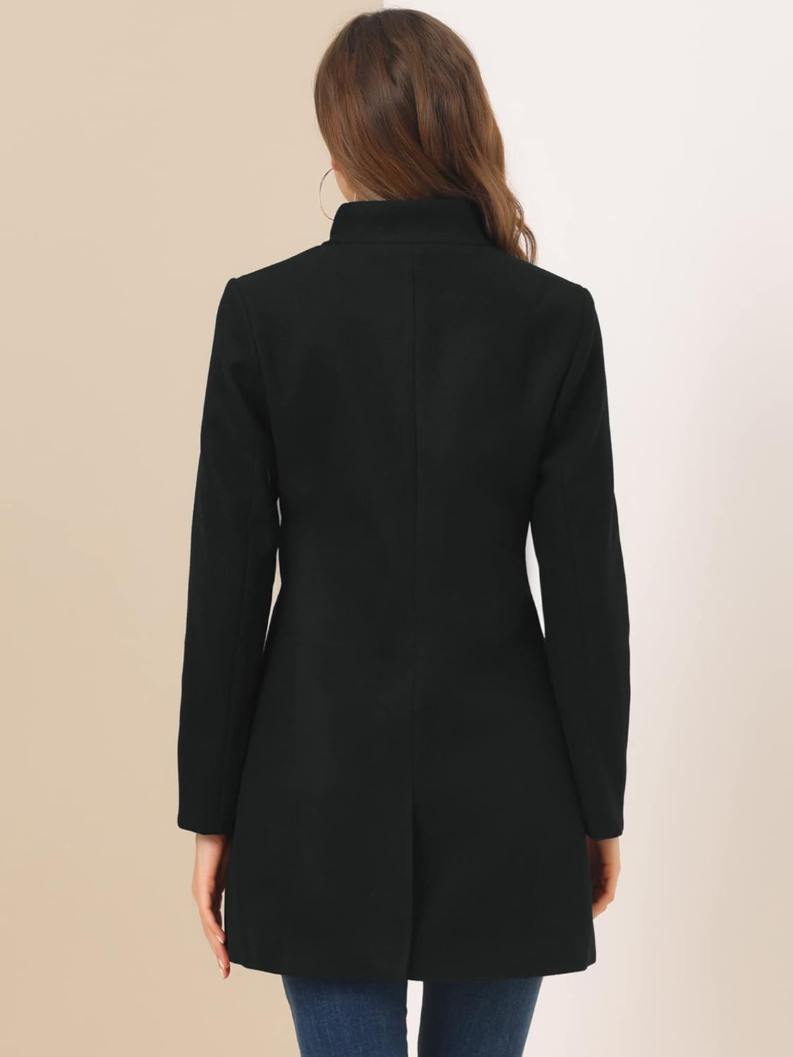 Stylish Black Mid-Length Winter Overcoat Back View