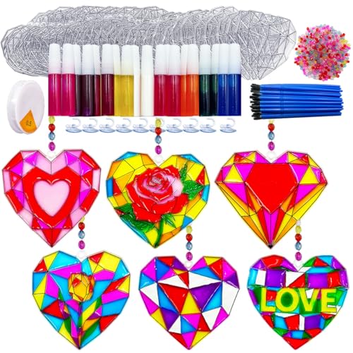 AUEKIV 30 Sets Valentines Suncatchers Craft DIY Kit Heart Suncatcher Kit for Window Paint Art Suncatchers Valentines Day Heart Sun Catcher Supplies for Valentine Gift Exchange Activities